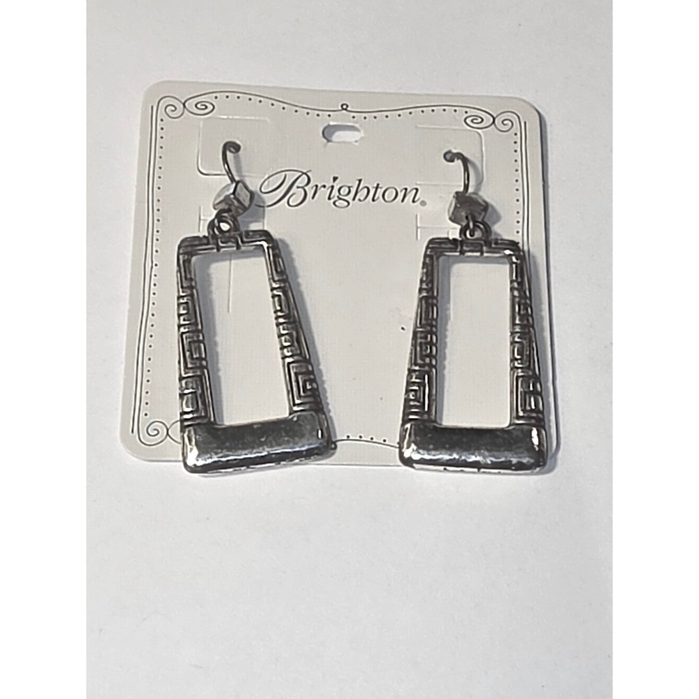 Brighton Silver Tone Greek Key‎ Etched Rectangular Drop Earrings Hammered Detail